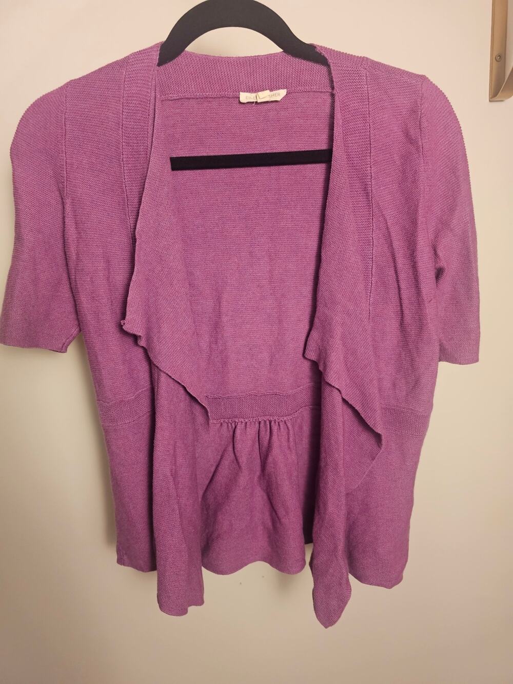 Eileen Fisher Cotton/Linen Blend Lavender Open-Front Short Sleeve Cardigan